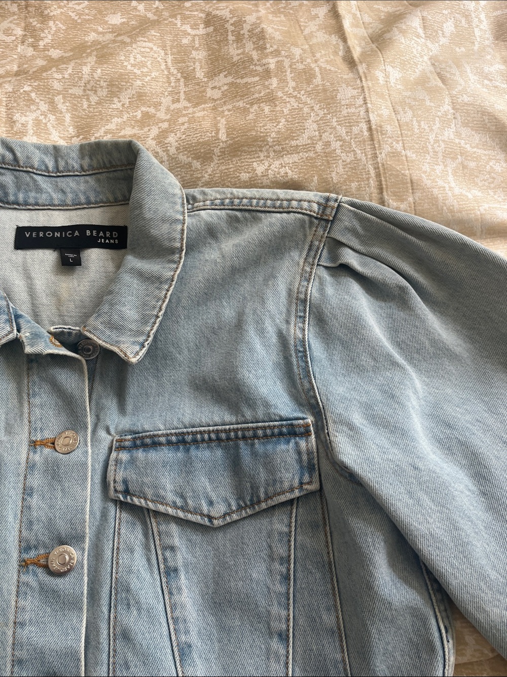 Veronica Beard Denim Jacket cropped pleated puff sleeves fold over cuffs - Picture 7 of 8